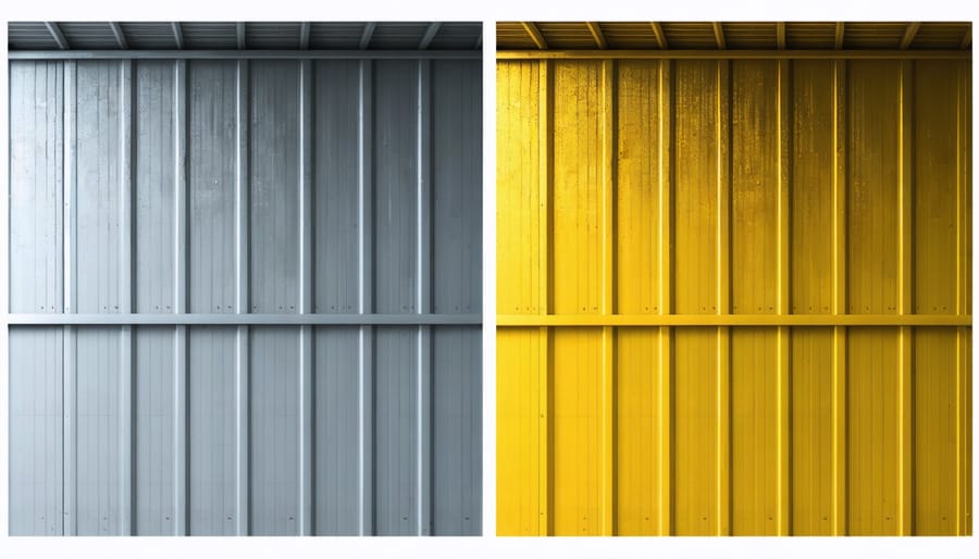 Split image showing water droplets and rust in uninsulated metal shed compared to dry, protected insulated shed wall