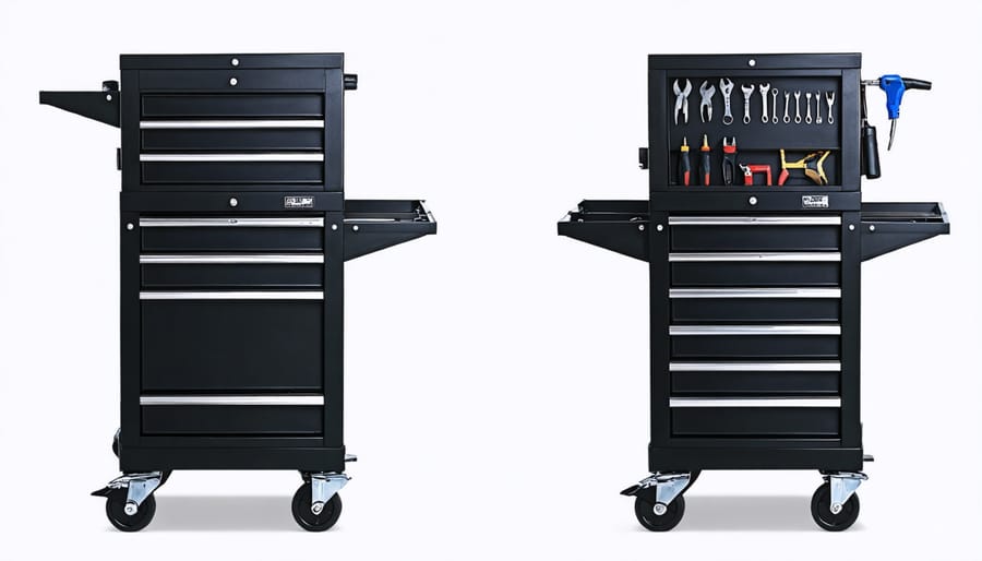 Wheeled tool organization cart featuring multiple storage compartments and clearly labeled tool sections