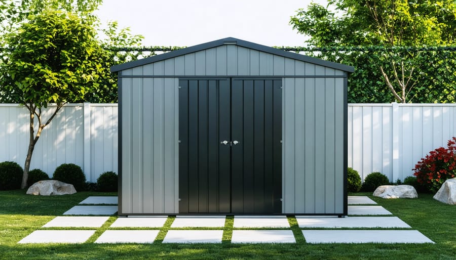 Contemporary composite storage shed with stylish design in landscaped garden