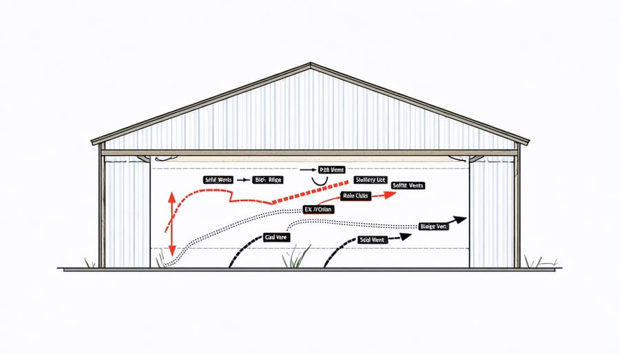 Cross-sectional diagram of shed ventilation system showing air movement through various vent types