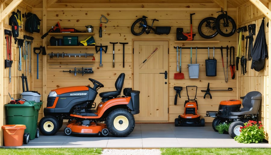 Interior view of an organized shed with riding mower and garden tools efficiently stored