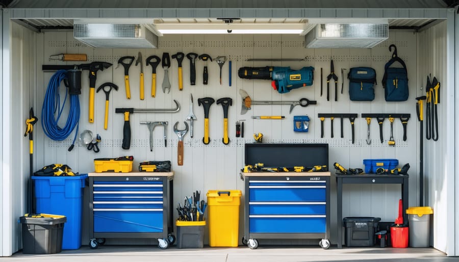 Interior view of tool shed with visible ventilation vents, organized tool racks, and climate control features