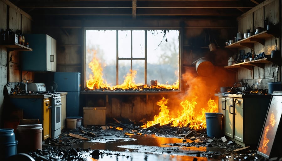 Storage shed interior displaying heat damage to tools and equipment