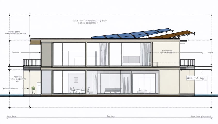 Technical illustration of passive solar heating components and heat circulation in a shed