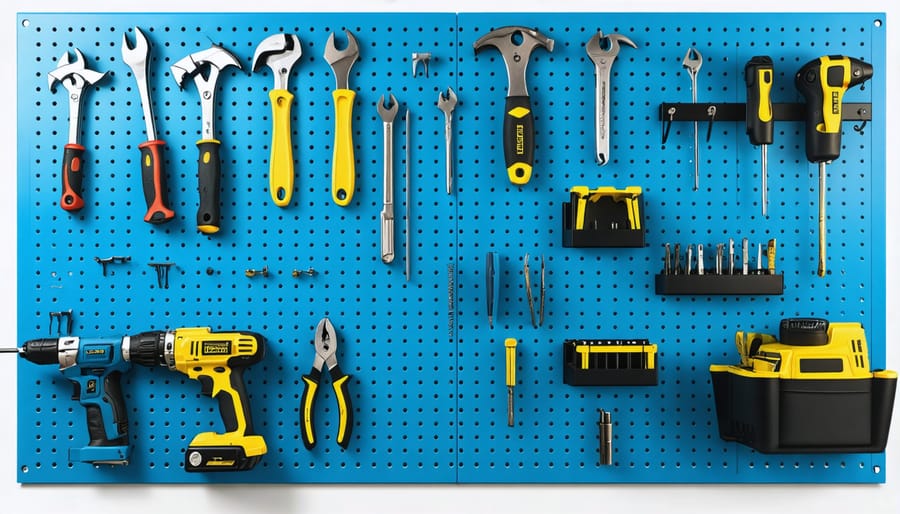 Organized pegboard wall storage system displaying various hand tools with custom holders and tool silhouettes for easy placement