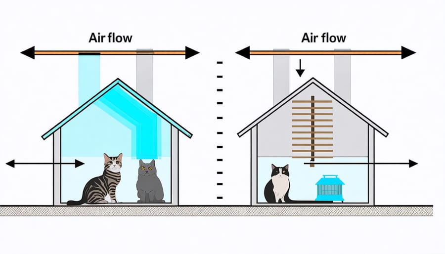 Diagram illustrating proper airflow and ventilation patterns in a pet housing structure