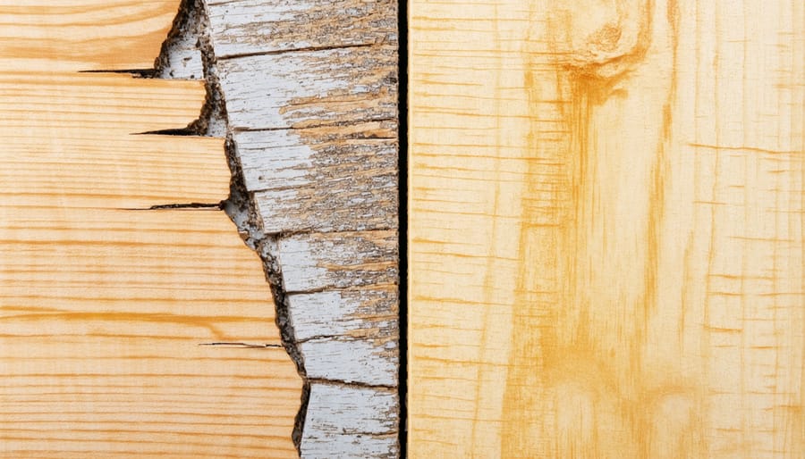 Comparison showing waterlogged, rotting plywood next to well-protected, sealed plywood