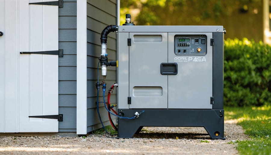 Portable generator installation showing proper connection to shed power system