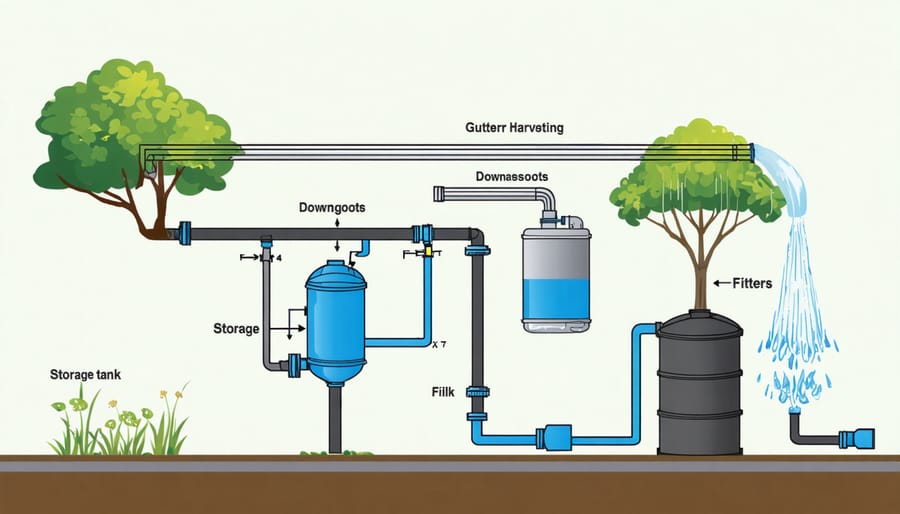 Labeled diagram of rainwater harvesting system components for a garden shed
