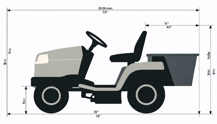 Technical diagram of riding mower dimensions including length, width, and height measurements