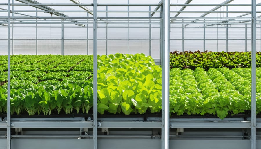 Three-panel image showing greenhouse usage across spring, summer, and fall growing seasons