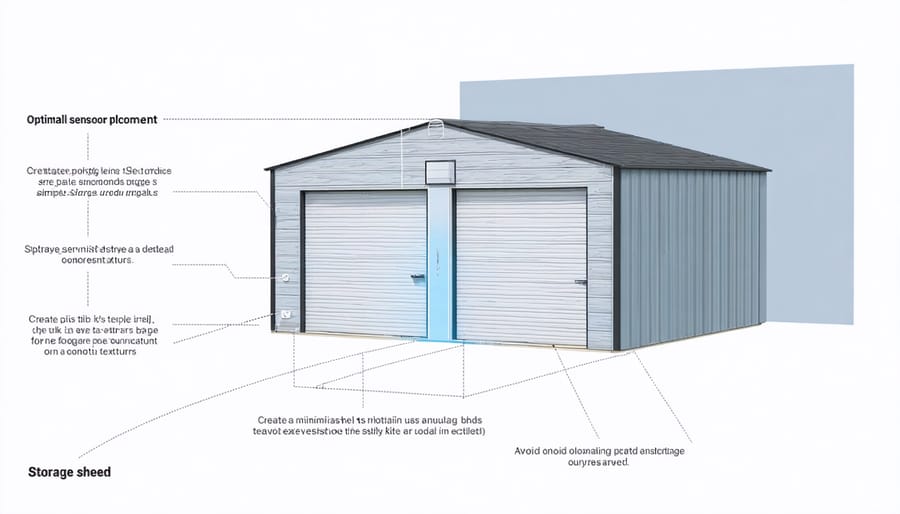 Technical diagram illustrating recommended locations for odor sensor placement in a storage shed