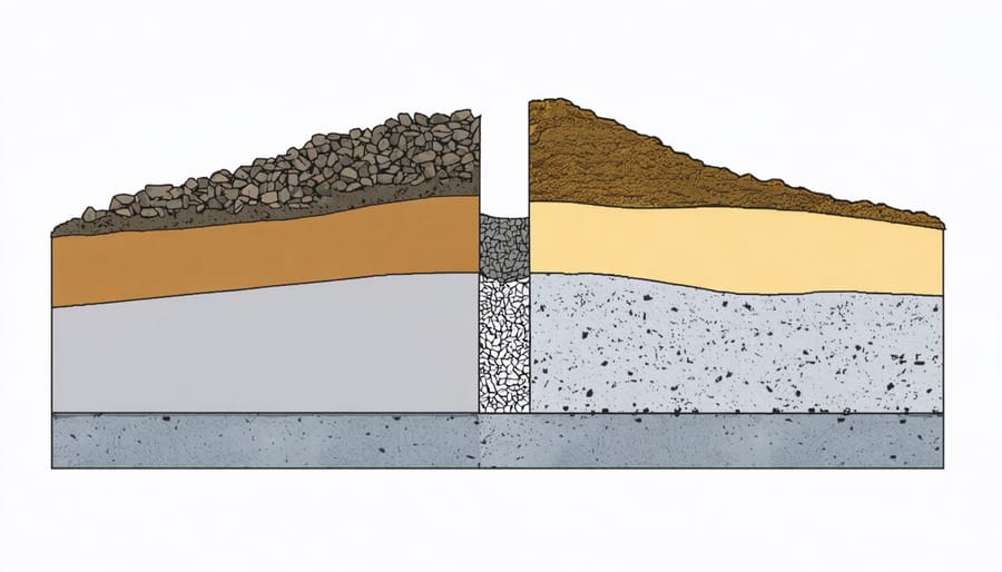 Detailed cross-section illustration of shed base layers showing proper waterproofing construction