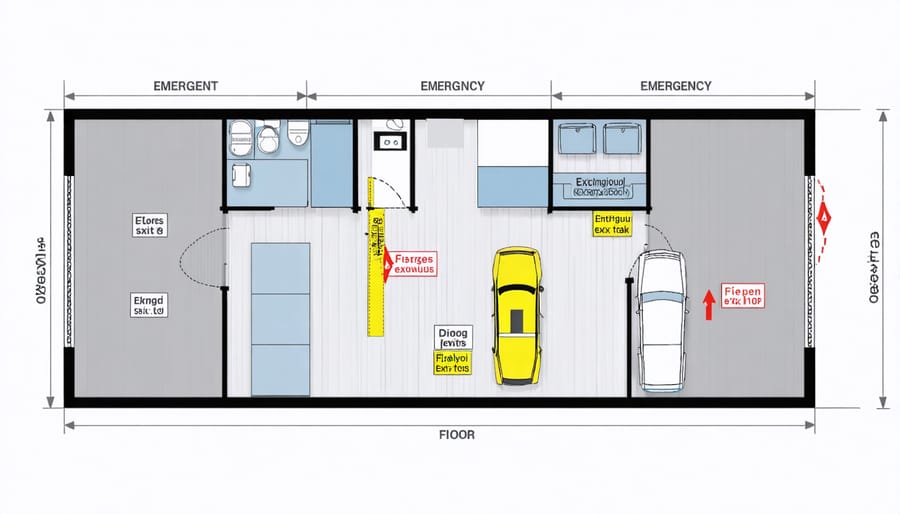 Storage shed safety diagram highlighting emergency exits and evacuation paths