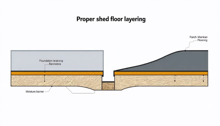 Detailed cross-section illustration of shed floor construction layers