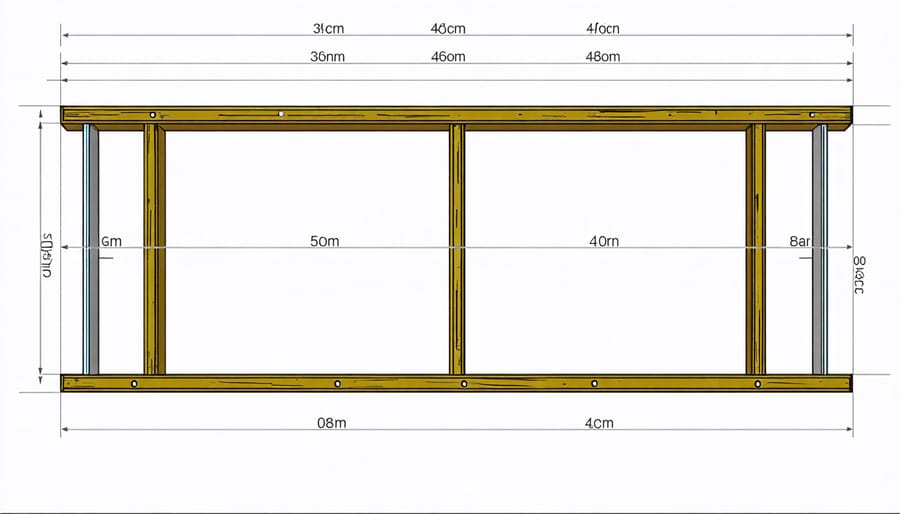 Technical illustration of shed floor framing showing joists, bearers, and spacing measurements