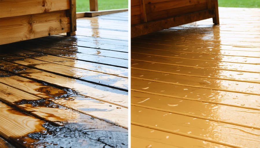 Comparison of damaged and well-maintained shed flooring showing effects of moisture