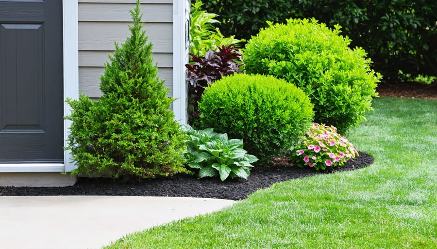 Foundation plantings featuring various heights and textures of plants around shed base