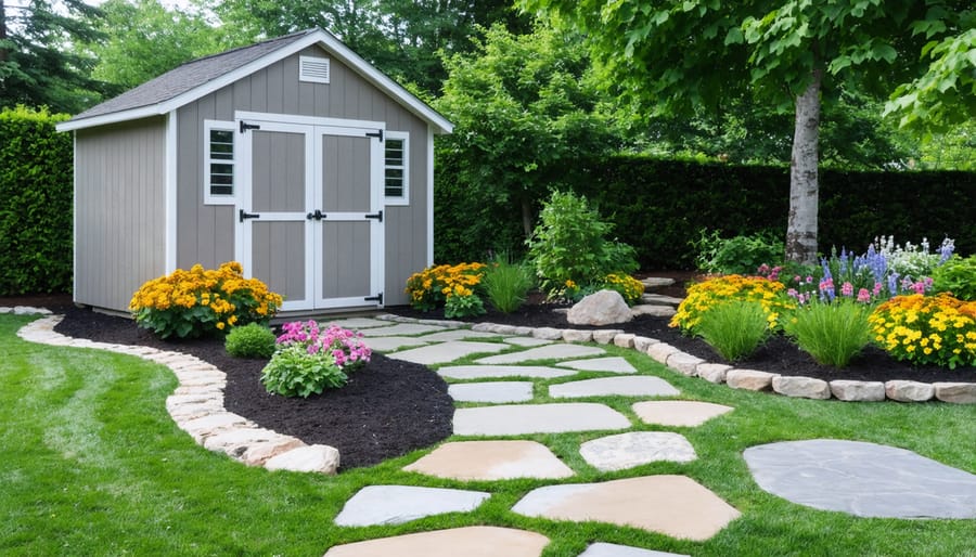 Hardscape design elements surrounding garden shed with stone path and decorative borders