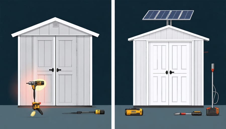 Side-by-side comparison showing moisture damage in unheated shed versus well-preserved tools in solar-heated shed