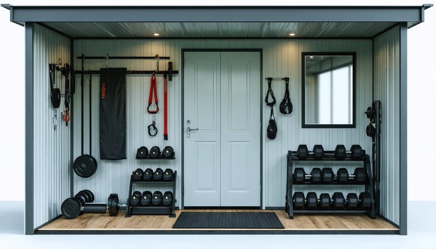 Personal fitness center in converted shed with exercise equipment