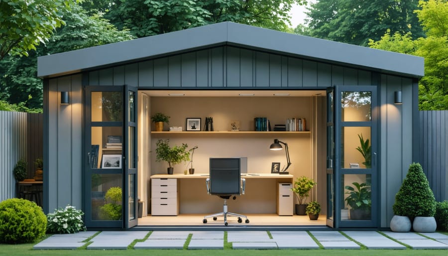 Converted garden shed home office with ergonomic workspace and natural lighting