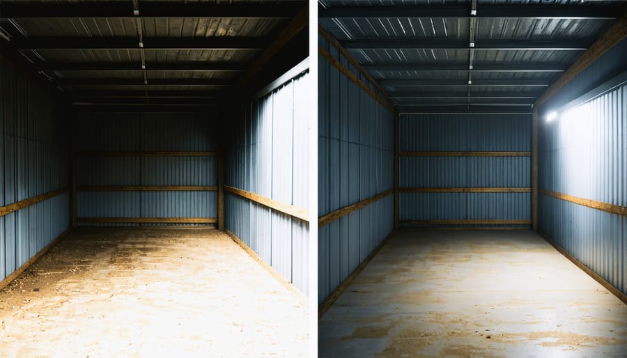 Before and after comparison of shed interior lighting using solar panels