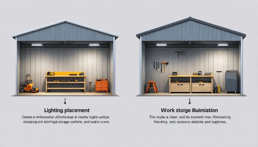 Illustrated guide to strategic shed lighting placement showing key zones