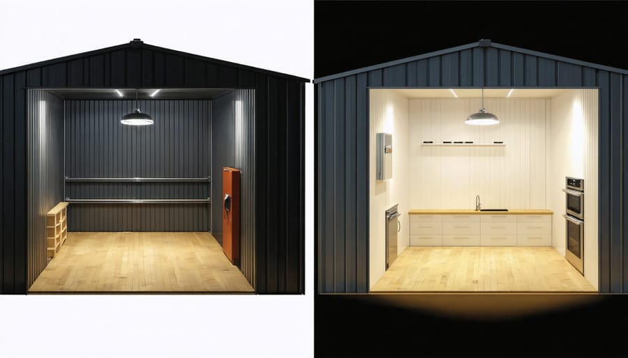 A split-view of a shed interior showing a transformation from a dark, cluttered space to a bright, organized, and well-lit interior with modern LED lighting fixtures.