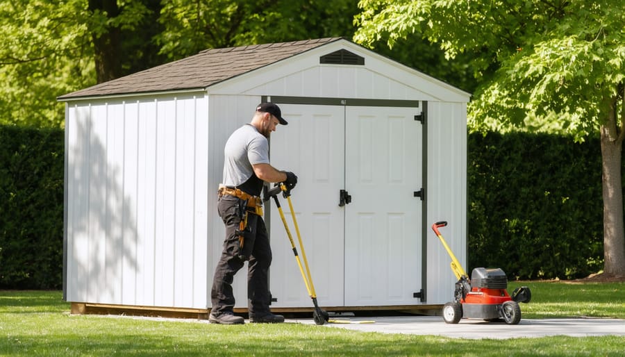 Person performing routine maintenance on a 10x12 shed including gutter cleaning, weather stripping inspection, and foundation check