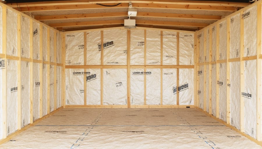 Cross-section view of a 10x12 shed wall displaying insulation layers, electrical conduits, and HVAC components