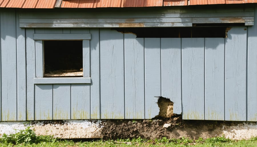 Moisture damage and mold growth underneath a wooden shed floor