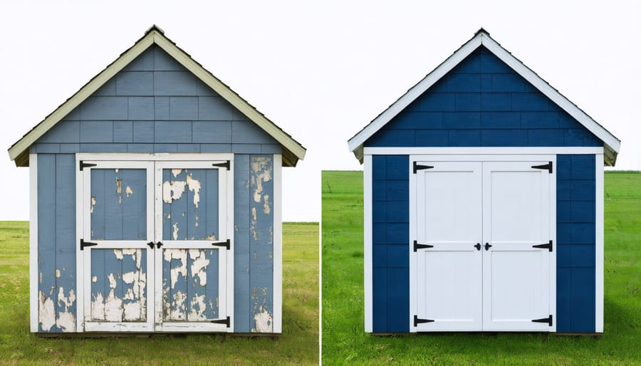 Split image showing the contrast between a deteriorating shed and a well-maintained shed with proper weather-resistant paint