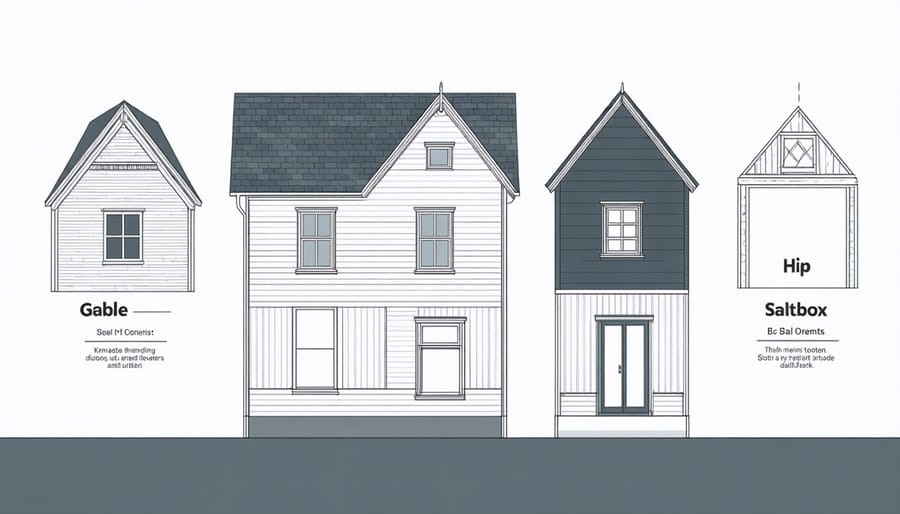 Technical illustration comparing gable, saltbox, and hip roof designs for sheds