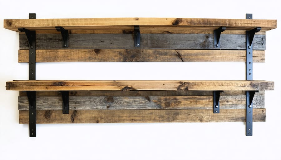 Industrial-style shelving created from recycled shed materials