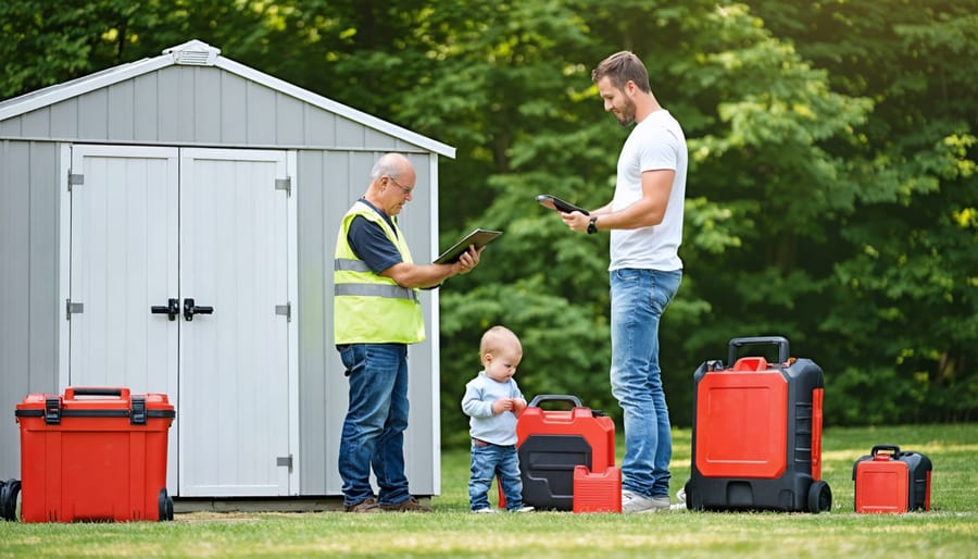 Person performing monthly shed safety inspection with checklist