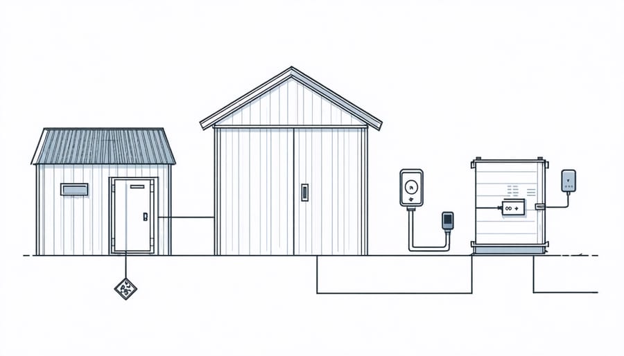 Technical diagram illustrating solar panel, battery backup, and WiFi connection setup for shed security