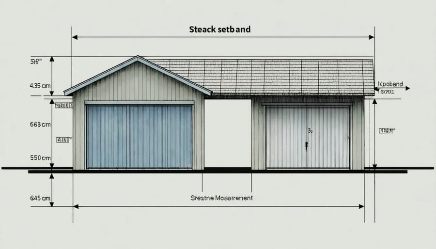 Technical illustration of shed placement requirements with setback distances from property lines and structures