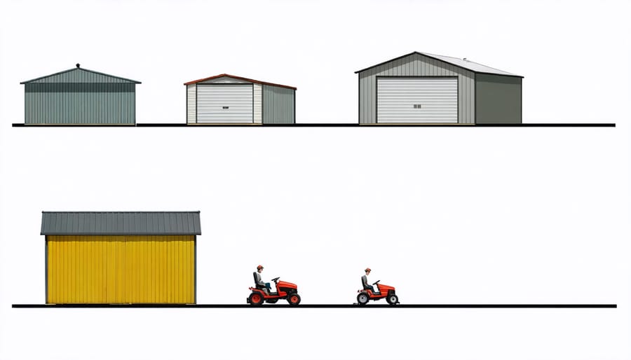 Side-by-side comparison of three shed sizes showing optimal space for riding mower storage