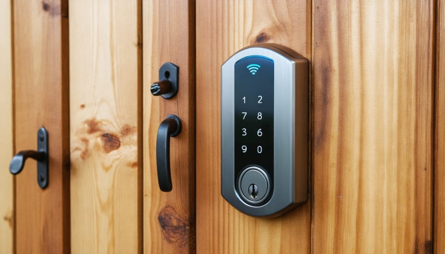 Modern smart lock installed on a wooden garden shed door with LED display