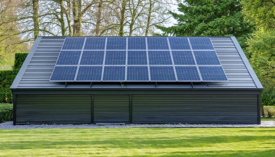 Residential storage shed with rooftop solar panels and mounting system