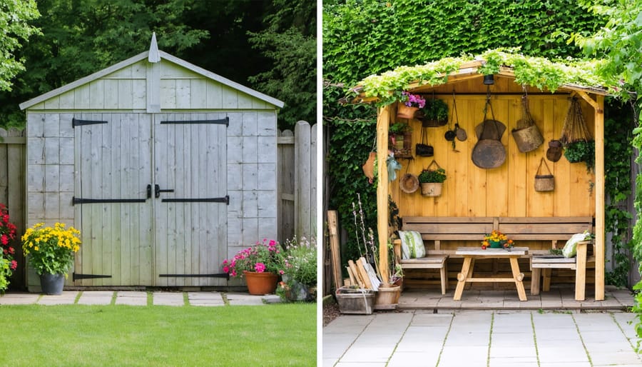 Split image comparing old shed with new furniture made from recycled shed materials
