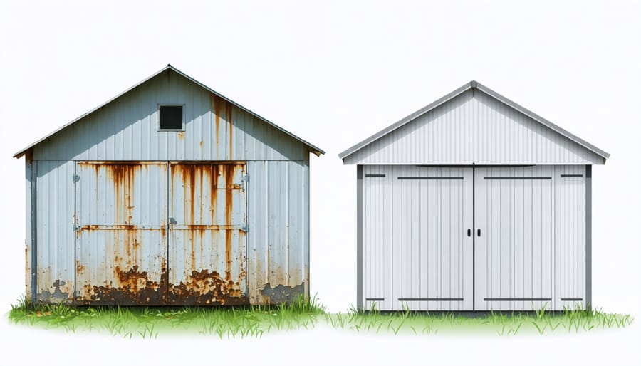 Side-by-side comparison of damaged shed interior from poor ventilation versus healthy shed with proper ventilation