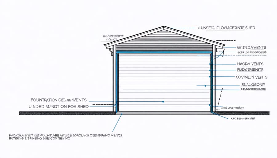 Cross-section diagram of shed floor ventilation system showing air flow patterns