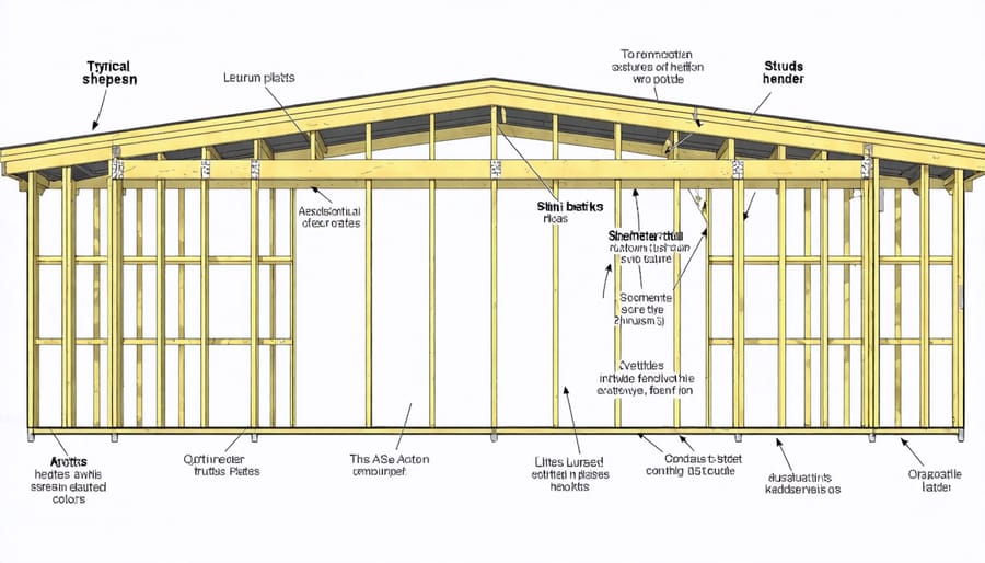 Detailed labeled diagram of shed wall framing components and measurements