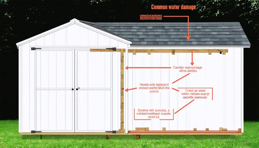 Illustrated diagram of a garden shed showing typical water damage points including roof joints, window frames, and foundation