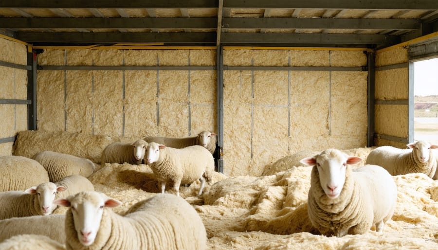 Installation of clean, white sheep's wool insulation material between wooden joists of a shed wall