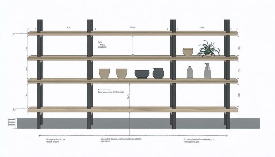 Technical illustration of weatherproof shelving design features
