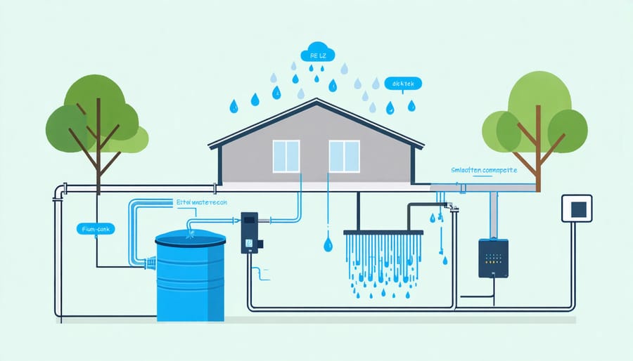 Illustrated diagram of a complete smart rainwater management system for sheds