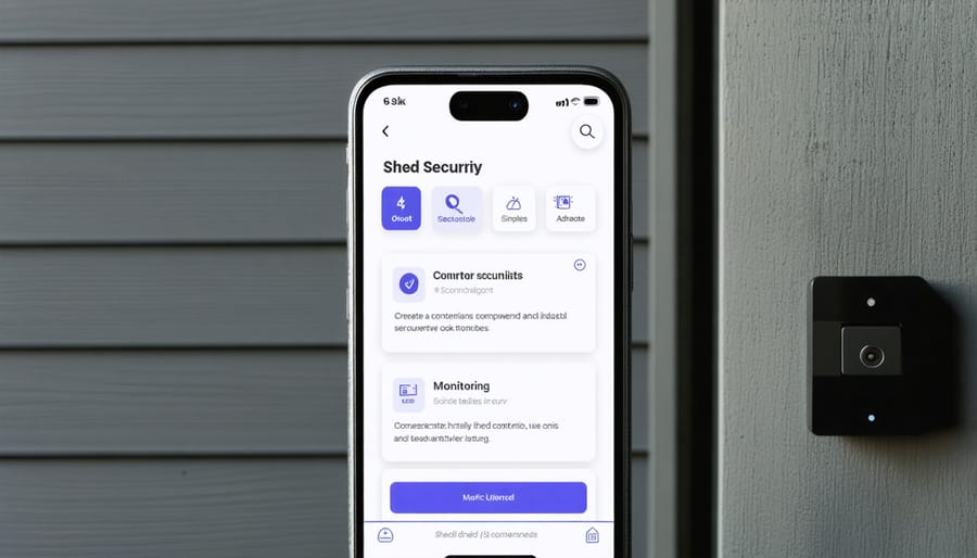 Smartphone screen displaying smart shed security app with camera feed, temperature readings, and lock controls